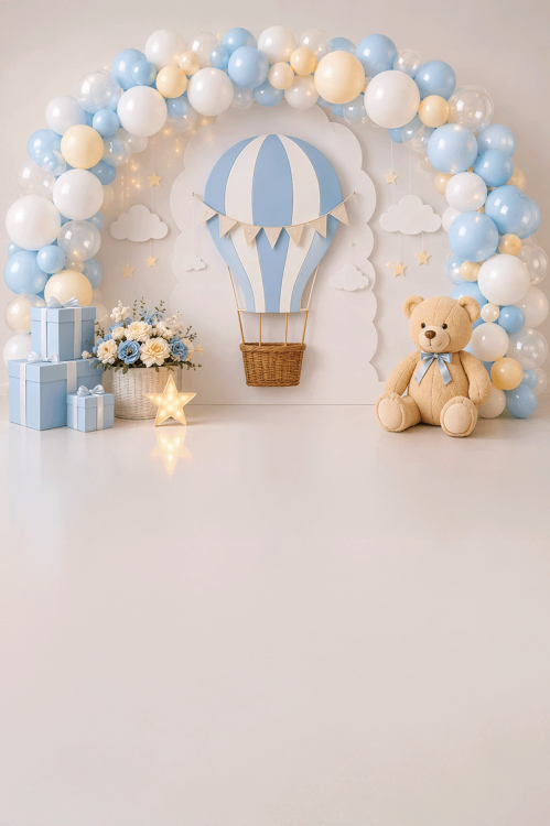 Przejdź do produktu Tło fotograficzne: Błękitny balon i miś - Urodzinowe tła do zdjęć - BD85